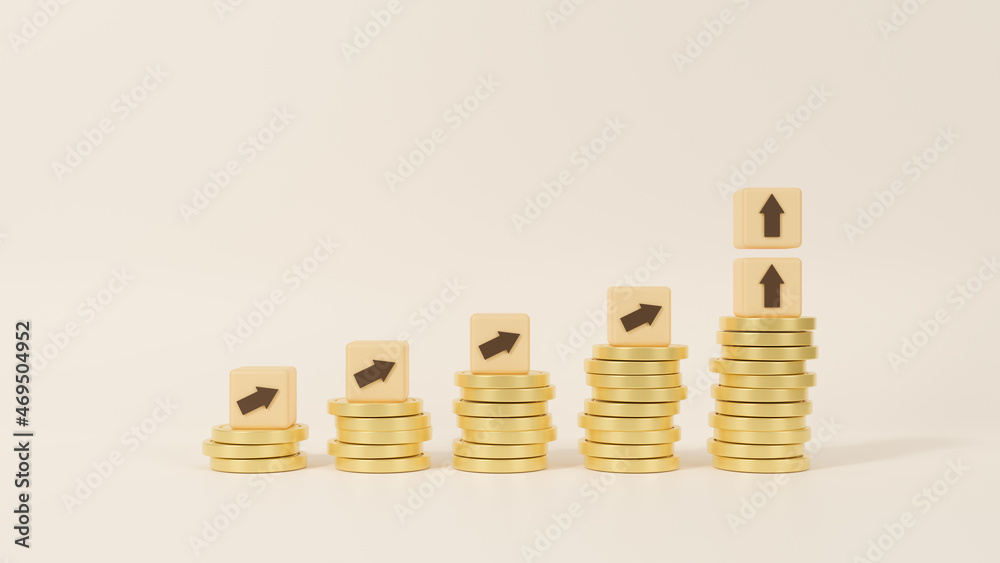 Upward arrow wooden cube block with increase of wealth coins stack, arrow rising up, investing and financing, financial success and growth concept, revenue increase, 3d render illustration Upward arrow wooden cube block with increase of wealth coins stack, arrow rising up, investing and financing, financial success and growth concept, revenue increase, 3d render illustration