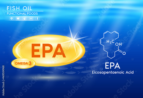 Fish oil vitamins, omega 3 EPA and structure shining orange. Plants oil on ocean background. Benefits of pills mental, heart, eyes, bones health. Healthy food supplements. 3D vector EPS10.