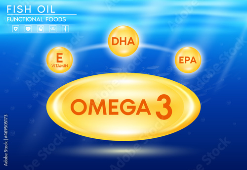 Fish oil vitamin E, omega 3 Nutrients DHA and EPA in capsule shape supplemental shining orange on ocean background. Benefits of pills mental, heart, eyes, bones health. 3D Vector.