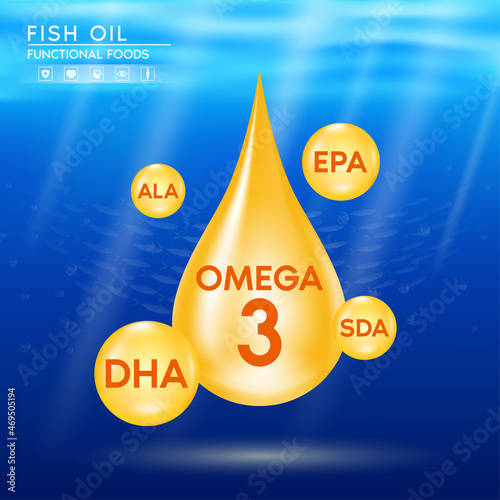 Fish oil vitamins, omega 3 Nutrients DHA and EPA in Fish shape supplemental shining orange on ocean background. Benefits of pills mental, heart, eyes, bones health, lower cholesterol level. 3D Vector.