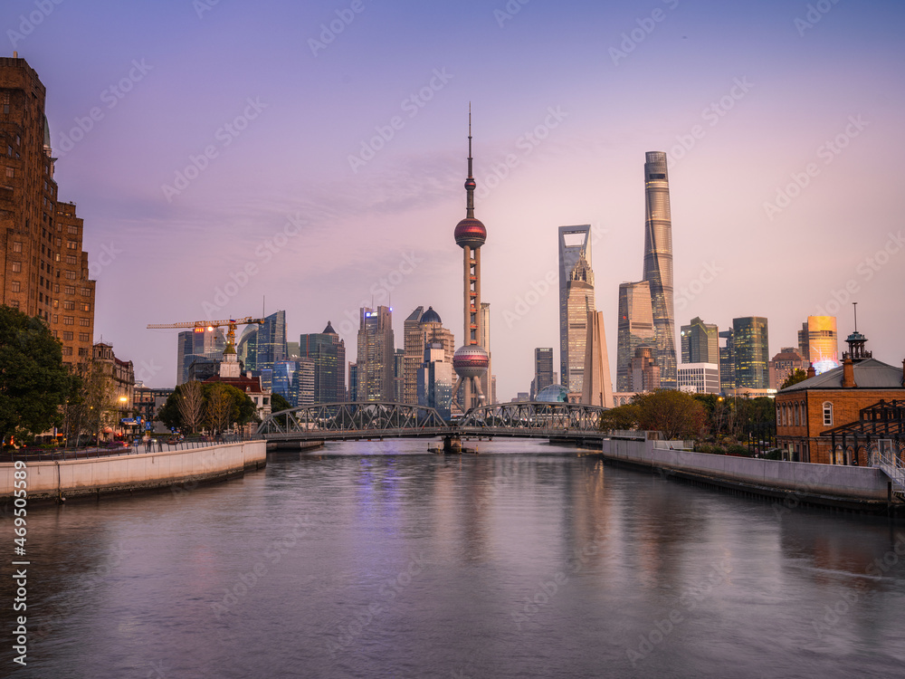 Sunset view of Lujiazui, the financial district in Shanghai, China.