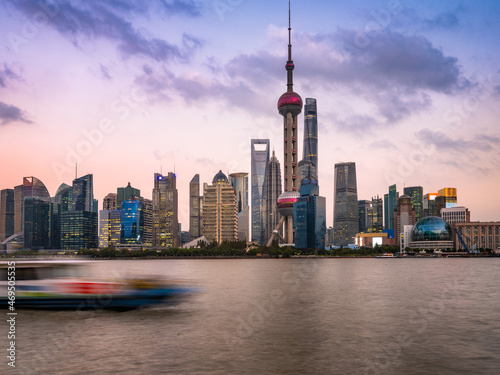 Photography Sunset view of Lujiazui, the financial district in Shanghai, China