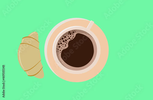 vector croissant and coffee cups. flat top view image of croissant with a cup of coffee