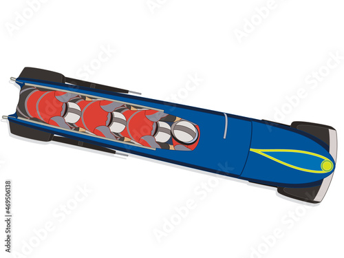 bobsleigh, bobsledding aerial view of 4-man or 4-person crew racing downhill isolated on a white background