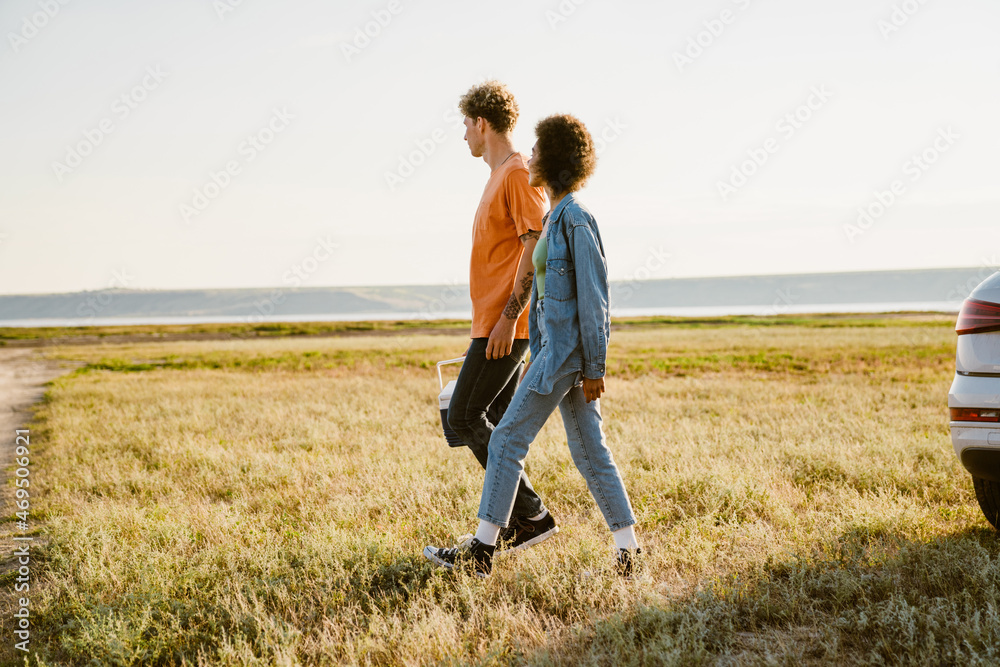 Multiracial couple walking with cooler bag on field during car trip