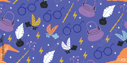 Seamless pattern: elements for witches and wizards in doodle style - owl, potion, round glasses, pot, kettle, letter, grail, goblet, candles, book of spells. Kids magic pattern