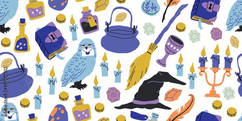 Seamless pattern: elements for witches and wizards in doodle style - owl, potion, round glasses, owl, letter, grail, goblet, witch hat, candles, letter. Kids magic pattern in eclectic blue on white