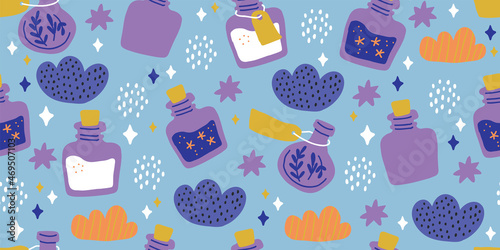 Seamless pattern with colorful magic cartoon bottles and love potions, stars, clouds. Magic elixir hand drawn pattern design in eclectic blue on blue background. Scandinavian style magician pattern