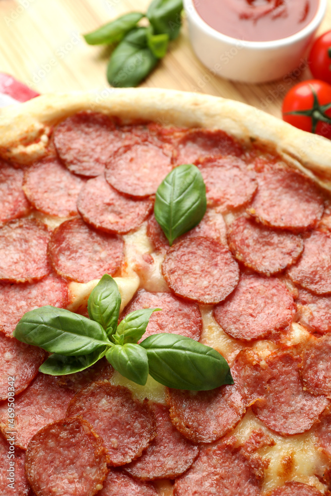Concept of tasty food with Salami pizza, close up Concept of tasty food with Salami pizza, close up