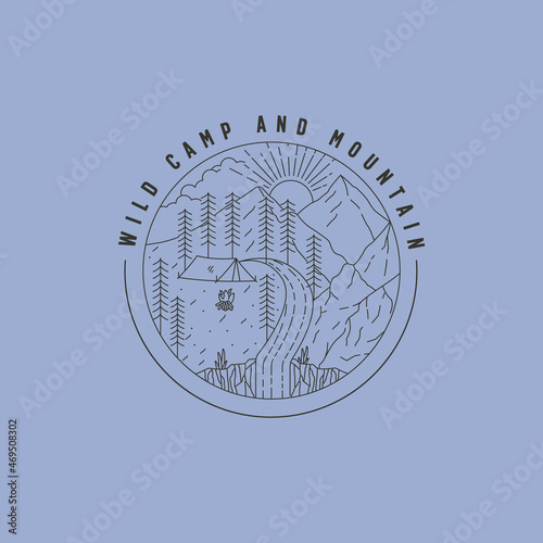 adventure mountain camp vintage logo line art illustration design photo