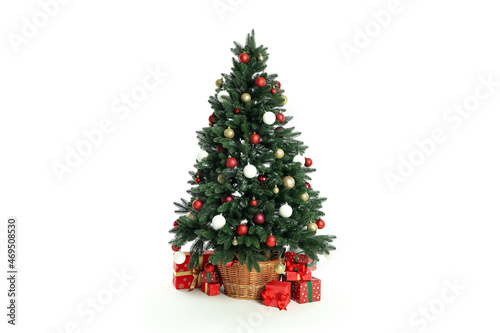 Composition with Christmas tree and gifts isolated on white background