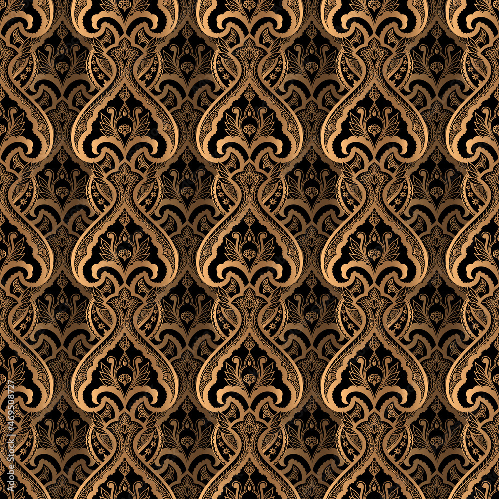 Damask luxury background vector. Golden royal pattern seamless. Arabic floral design for christmas wrapping paper, new year, beauty spa, wallpaper, birthday gift, wedding party.