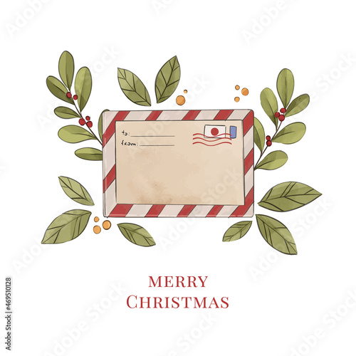 Christmas watercolor vector illustration. Decorative christmas envelope with floral elements, winter decorations. holly jolly. Letter from Santa Claus. Perfect for invitations, greeting cards, postcar photo