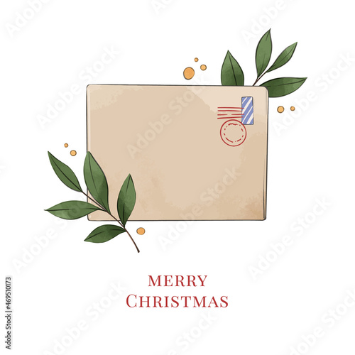 Christmas watercolor vector illustration. Decorative christmas envelope with floral elements, winter decorations. Perfect for invitations, greeting cards, postcards