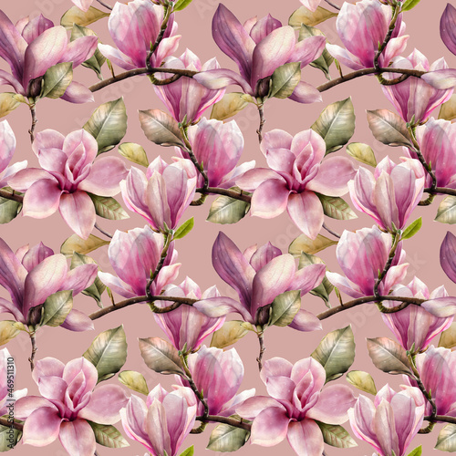 Seamless pattern of spring blooming branches of magnolia in a watercolor style.
