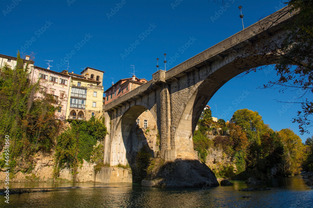 The Ponte del Diavolo - the Devil's Bridge - over the Natisone river in the north east Italian town of Cividale del Friuli, Udine Province, Friuli-Venezia Giulia. This 15th century bridge was rebuilt 