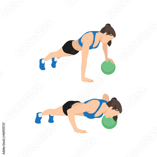 Woman doing Single arm medicine ball push up exercise. Flat vector illustration isolated on white background. workout character set