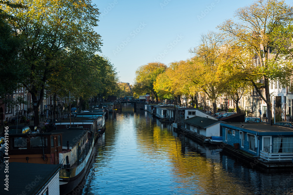 canal with boats and houses in Amsterdam 
