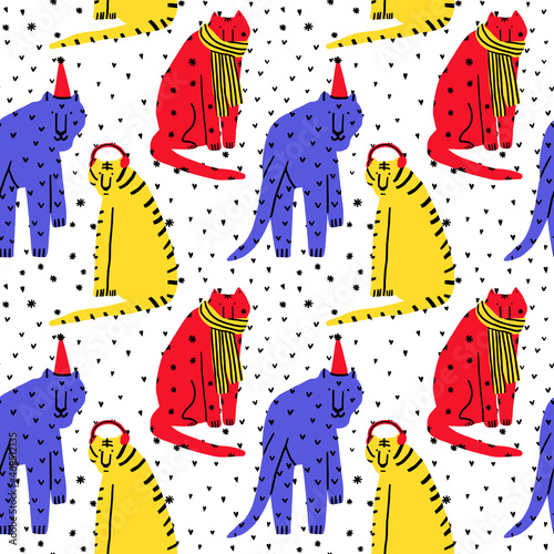 vector seamless pattern for christmas 2022 - funny vibrant tigers.New Year festive print with the symbol of the year.Funny hand drawn animals.Funky groovy 80s style.Stories social media wallpaper