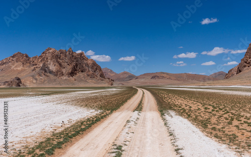 Endless gravel road cutting through the vast landscapes of the Pamir Highway in Tajikistan, surrounded by rugged, arid terrain photo