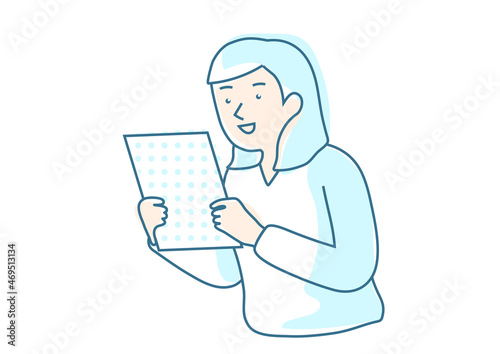 笑顔で書類を見る女性　シンプルな線画