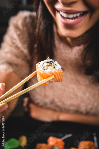 Perfect Sushi Japanese Asian Seafood Food Dish Menu Gourmet Restaurant Chef on Dark Background