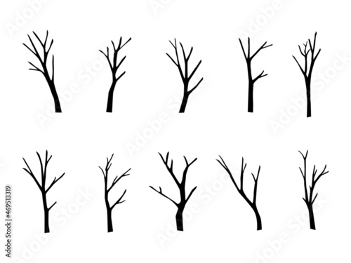 vector illustration set Dry bare tree silhouette with no living leaves. Dead wood. Hand drawn damaged environment. isolated on a white background