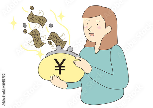 お金が入ってきて喜ぶ女性　線画