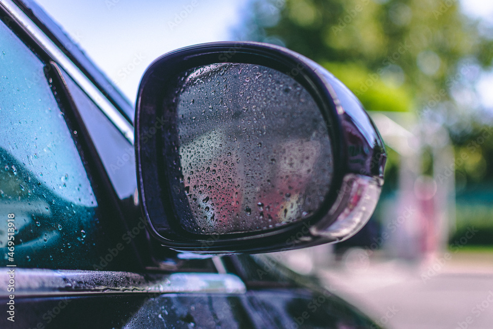 Wet rearview mirror after washing the car Wet rearview mirror after washing the car