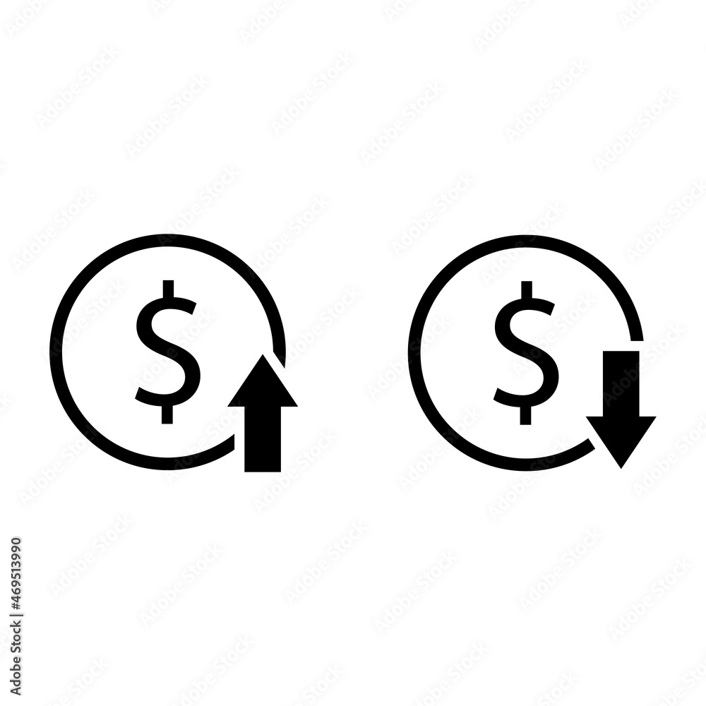 Dollar increase decrease icon. Money symbol with arrow stretching rising up and drop fall down Dollar increase decrease icon. Money symbol with arrow stretching rising up and drop fall down