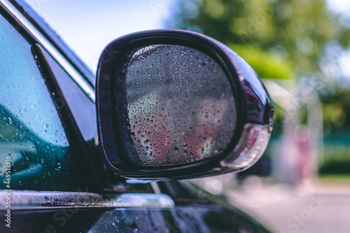 Wet rearview mirror after washing the car