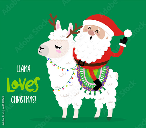Llama loves Christmas - santa rides a llama. Hand drawn lettering for Xmas greetings cards, invitations. Good for t-shirt, mug, scrap booking, gift, printing press. Holiday quotes.
