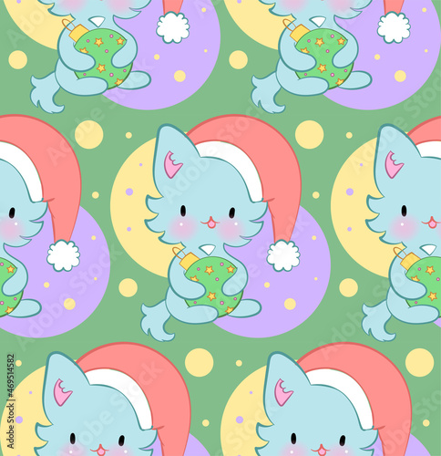 Seamless ornament with cute kittens in kawaii style. Vector pattern. Merry Christmas cats.