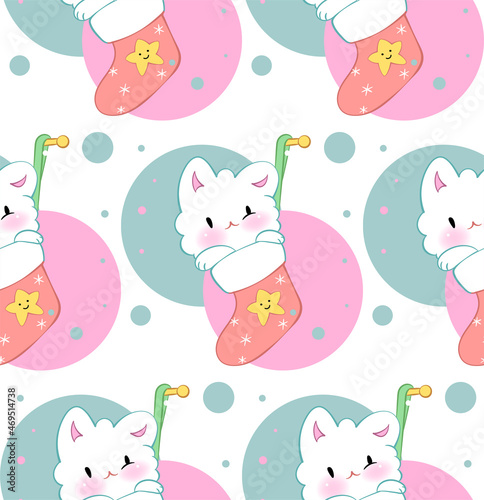 Seamless ornament with cute kittens in kawaii style. Vector pattern. Merry Christmas cats.