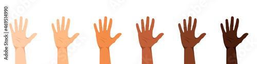A set of hands of people of different nationalities and races: Europeans, Asians, Caucasians, African Americans, etc. Hands of different skin colors. Flat style. Vector illustration