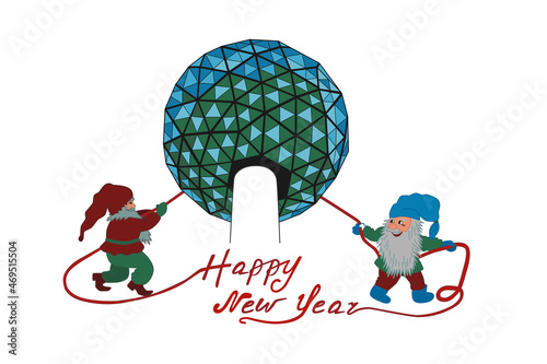 Fairy-tale gnomes participate in the descent of the New Year's ball of time. The vector illustration is made in the style of New Year's traditions according to New York time. EPS10.