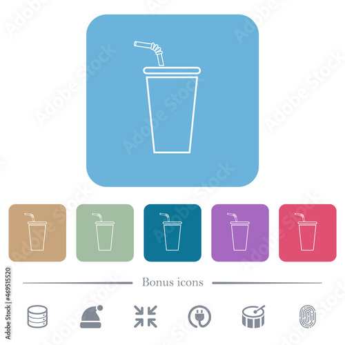 Disposable drinking cup with straw outline flat icons on color rounded square backgrounds