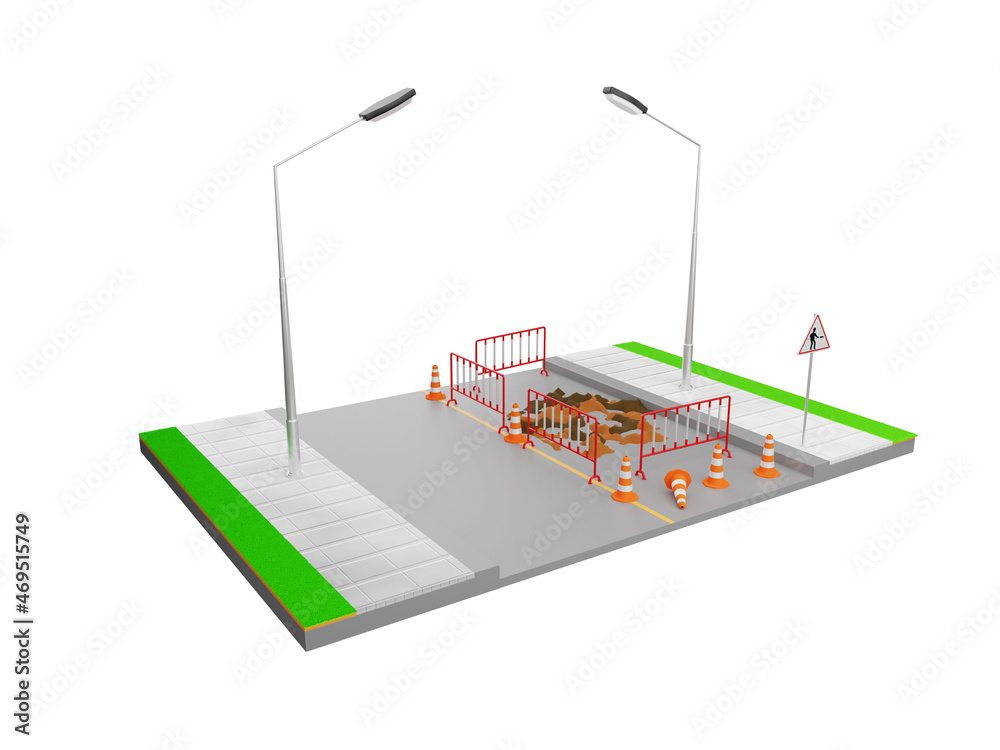 Damaged roads and road repairs under construction road signs maintenance and pavement construction 3d illustration