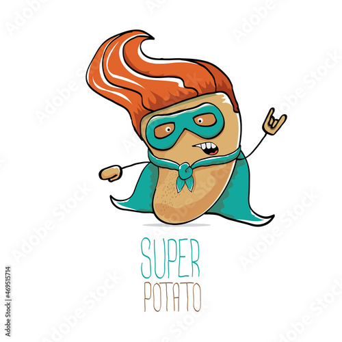 vector funny cartoon cute brown super hero potato with green hero cape and hero mask isolated on white background. My name is potato vector concept. super vegetable food character