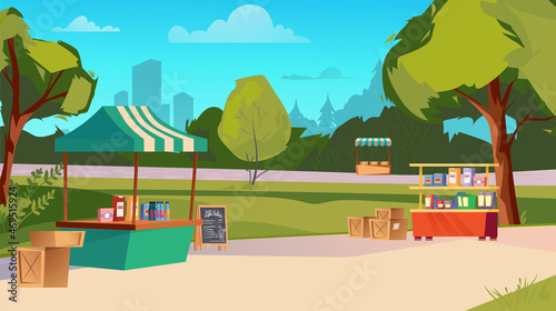 Fototapeta Naklejka Na Ścianę i Meble -  Park fair concept. Cityscape view with counters shop at fairground. Market with kiosks, selling fast food and drinks in public nature place. Vector illustration background in flat cartoon design