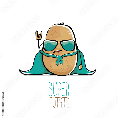 vector funny cartoon cute brown super hero potato with green hero cape and hero mask isolated on white background. My name is potato vector concept. super vegetable food character