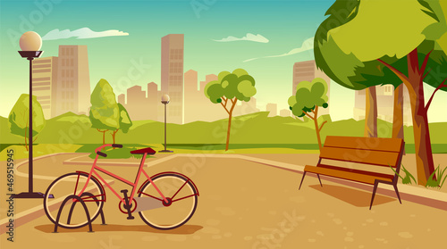 City park with streetlights concept. Public garden place with green trees, lanterns, path for walking or riding bicycle, bench, skyscrapers view. Vector illustration background in flat cartoon design
