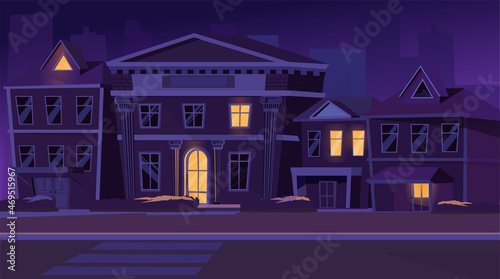 Night street in suburb district concept. Suburban houses with glowing windows, road and cityscape view. Evening landscape with cottages building. Vector illustration background in flat cartoon design
