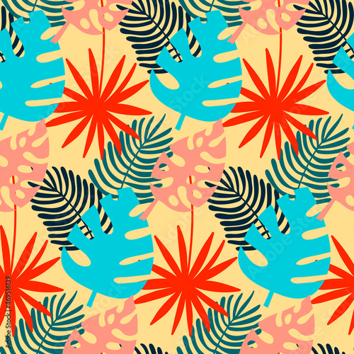 Monstera and palm seamless pattern, tropical leaf yellow red blue, vector