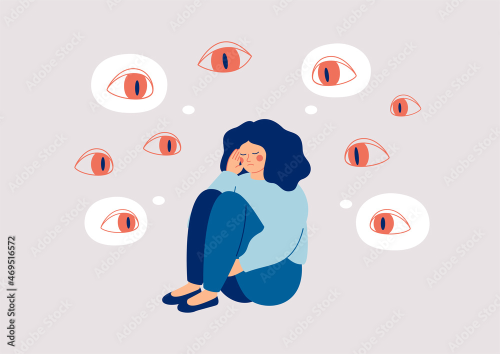 Sad woman surrounded by giant eyes feeling overwhelmed and helpless. Depressed girl suffers from phobias and fears. The psychological concept of mental disorder and paranoia. Vector illustration