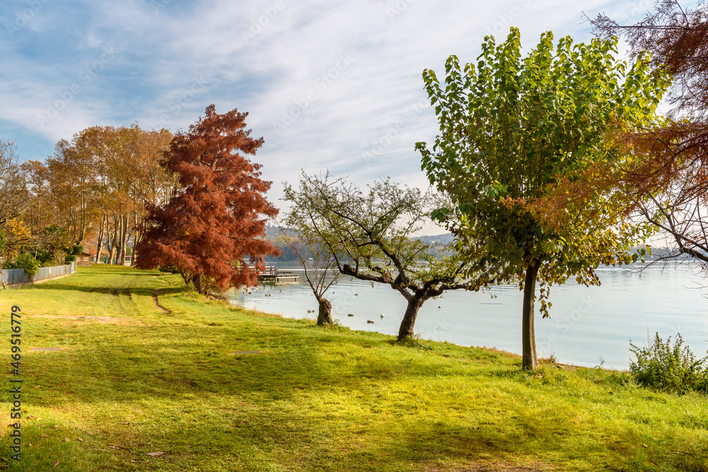 Fototapeta premium Autumn landscape of Lake Varese with Lakeside promenade in Gavirate, province of Varese, Italy.