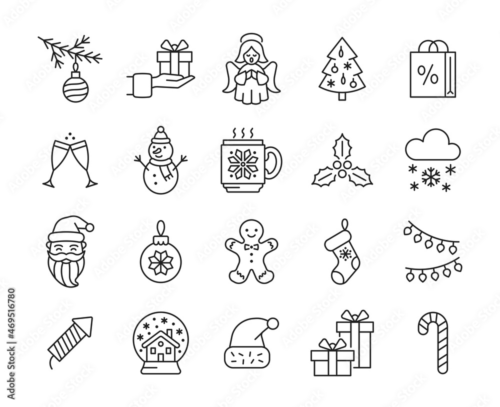 Fototapeta premium Merry Christmas flat line icon vector set. Winter collection with Santa Claus, knitted cup, gift, snowman, petard, angel, garland. Editable stroke.