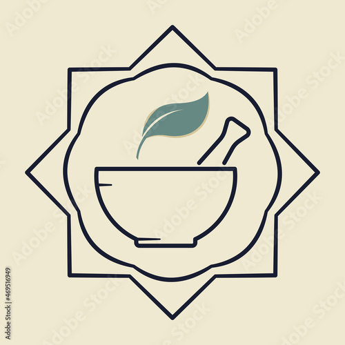 Mortar and pestle with leaf. Alternative medicine Ayurveda concept. Flat style illustration. 