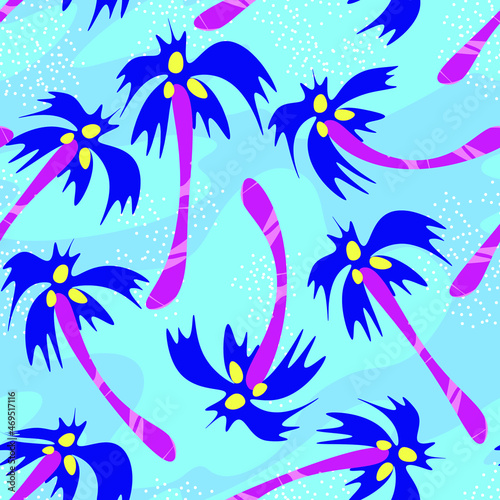 Seamless pattern with chaotic palms with coconuts