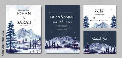 Wedding invitation set with winter landscape and icy mountain watercolor